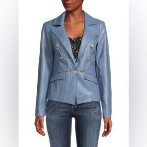 Central Park West Devon Faux Leather Double Breasted Blazer in Lake